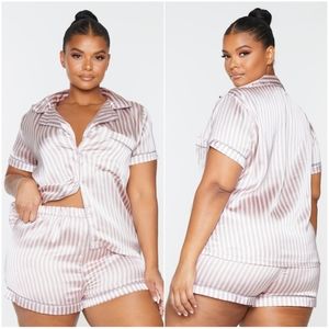 PrettyLittleThing Pink and Grey Stripe Satin Short PJ Set